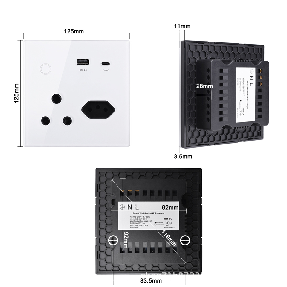 Smart Life Tuya WIFI 20A 4000W 3 Pin 2 Pin Plug USB QC3.0 Switch w/ Power Monitor (Black)