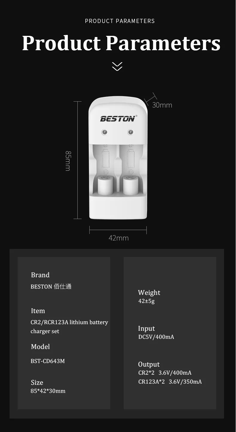 BESTON CR123A Rechargeable Lithium Battery | 16340 | 3.2V | 650mAh | 2 Pack