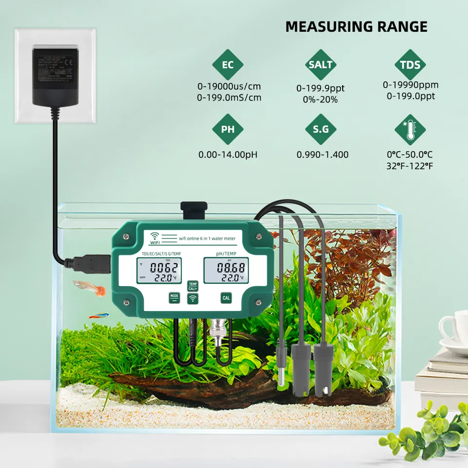 WIFI Control Smart Life Tuya Water Quality Detector 6 IN 1 TDS/EC/PH/Salinity /G.S/Temperature Tester PH Meter