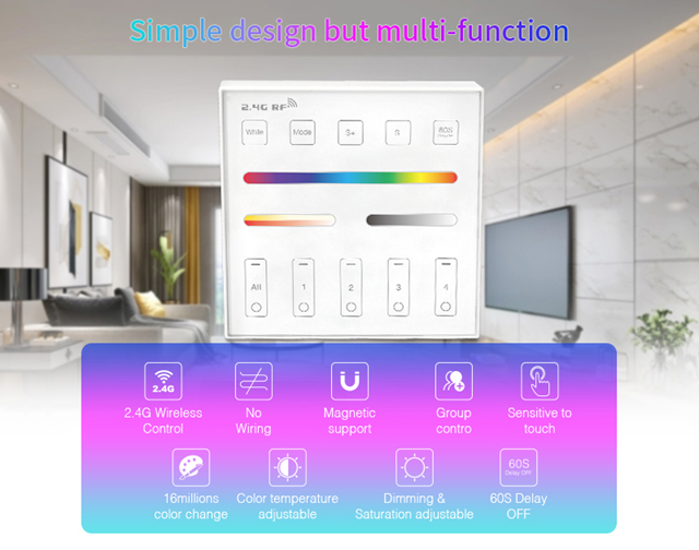 Wireless Touch 2.4G RF Remote Controller | 4 Zones | RGB/ RGBW/ RGBCCT | Dimming | 3V | WR01RF | White