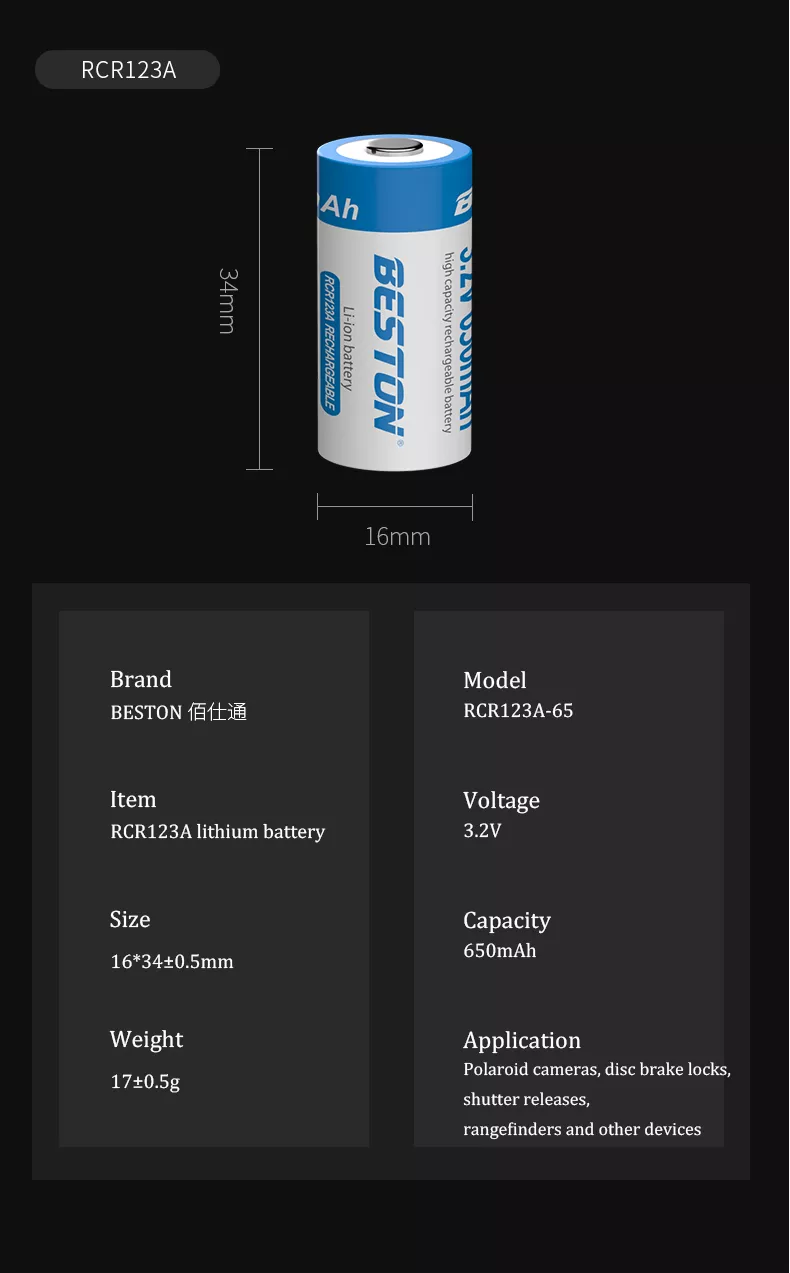 BESTON CR123A Rechargeable Lithium Battery | 16340 | 3.2V | 650mAh | 2 Pack