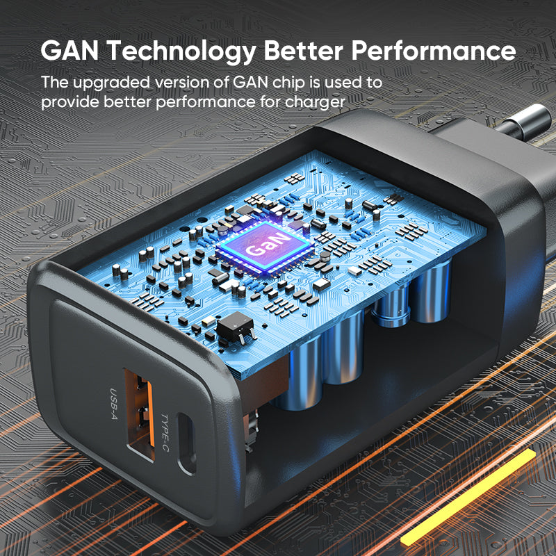 Dual‑Port 65W GaN Fast Charger | Type‑C PD + USB‑A QC Wall Charger | Black