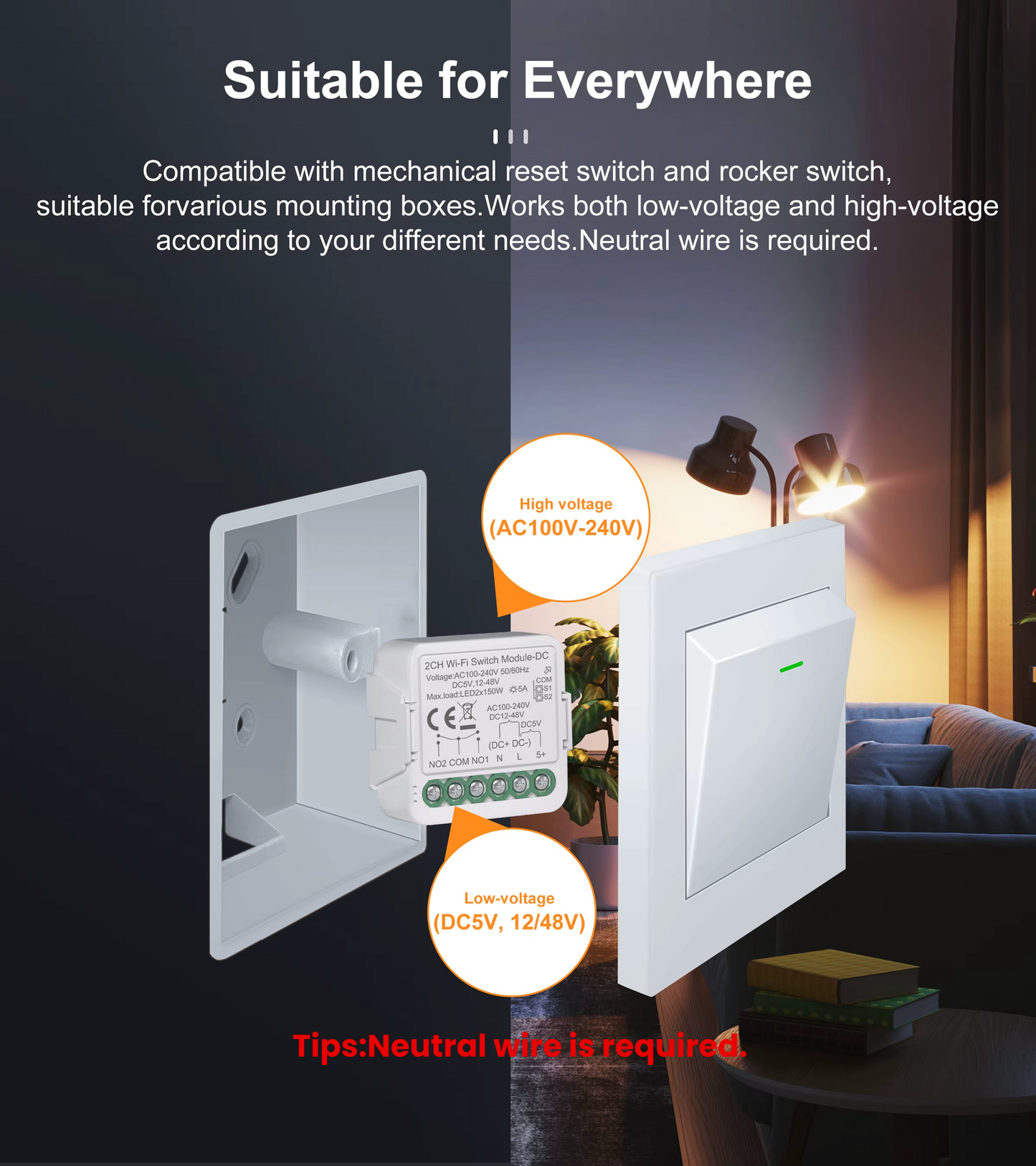 Smart Life Tuya WIFI 1CH 150W LED Light / 5A 1000W Appliance Neutral Mini AC/DC Switch | Dry Contact