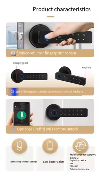Smart Life Tuya WIFI Door Handle Fingerprint Keypad Card Doorbell Lock | X7 | Black
