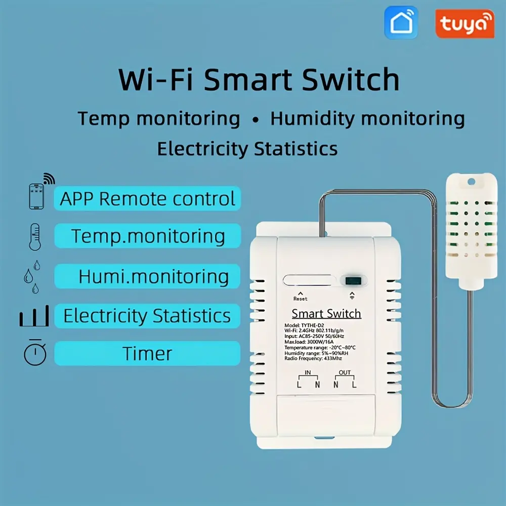 Smart Life Tuya WIFI 1CH 16A 3000W Switch w/ Temperature Humidity Sensor w/ Power Monitor & RF433Mhz