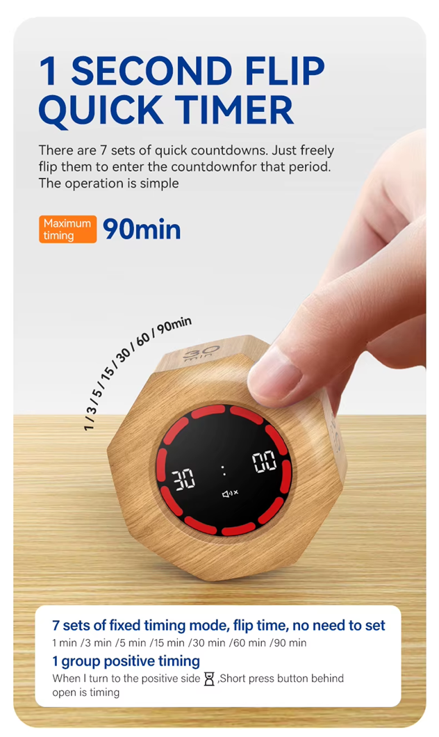Flip Digital Timer Octagon – 1/3/5/15/30/60/90 Min Gravity Countdown/ Timer | Wood