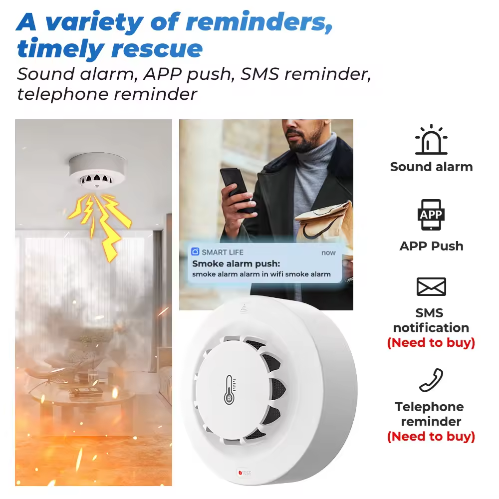 Smart Life Tuya WIFI Smoke Temperature Humidity Detector Sensor w/ 80db Alarm Sound Speaker | 3V