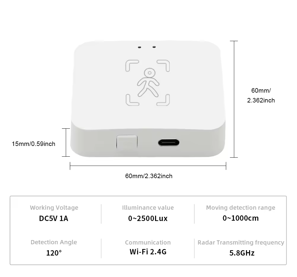 Smart Life Tuya WIFI Human Presence Motion Detector w/ Light Sensor | 5V | Wall/ Ceiling Mounted