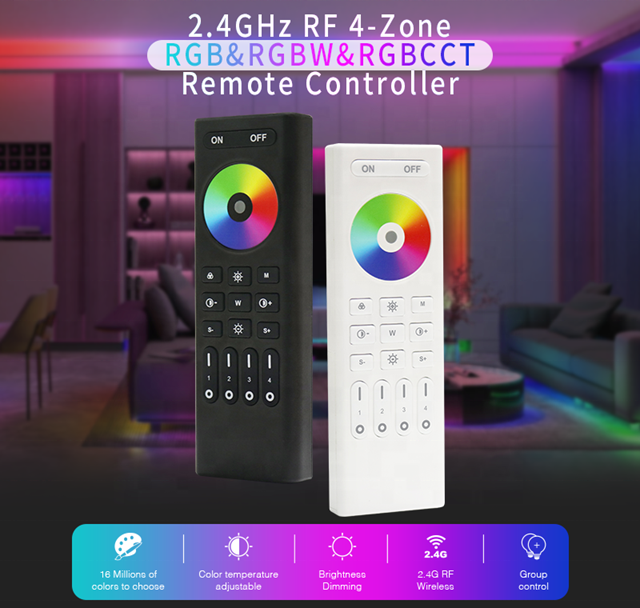 Wireless 2.4G RF Remote Controller | 4 Zones | RGB/ RGBW/ RGBCCT | Dimming | 3V | RC03RF | Black