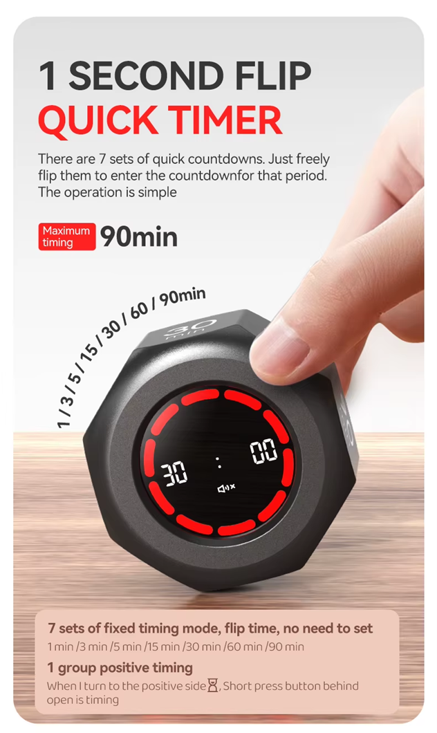 Flip Digital Timer Octagon – 1/3/5/15/30/60/90 Min Gravity Countdown/ Timer | White