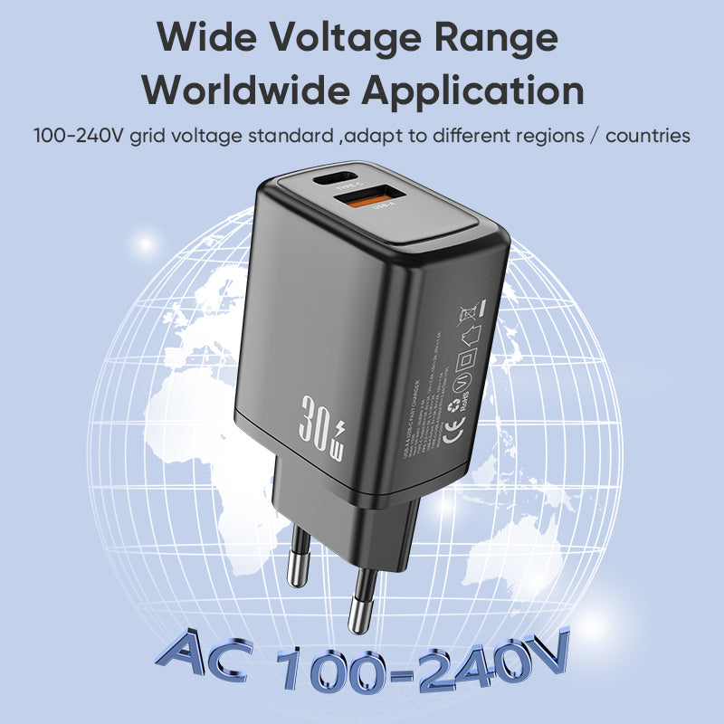 Dual‑Port 30W Fast Charger | Type‑C PD + USB‑A QC Wall Charger | Black