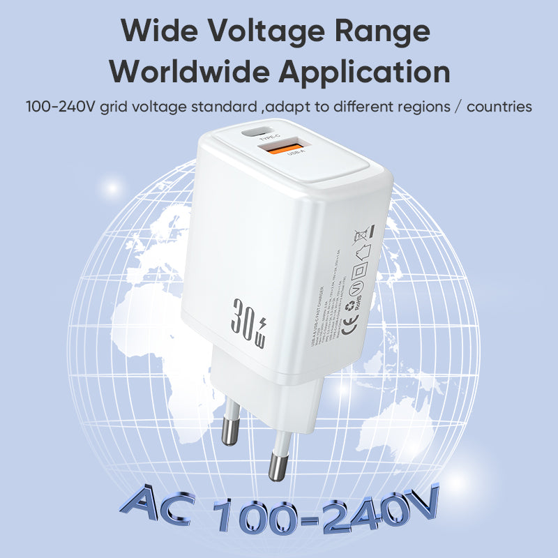 Dual‑Port 30W Fast Charger | Type‑C PD + USB‑A QC Wall Charger | White