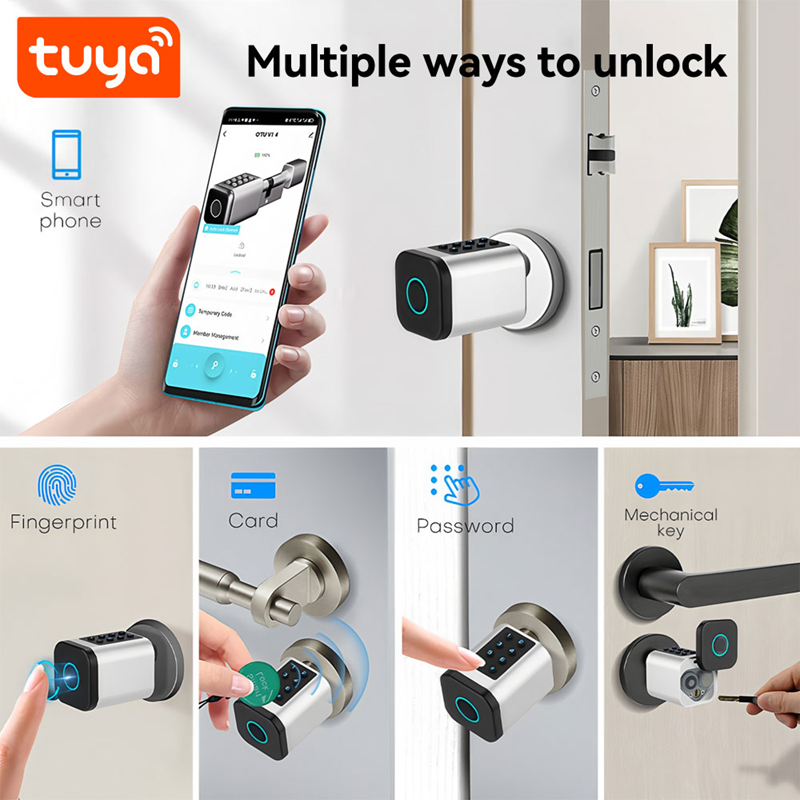 Smart Life Tuya Bluetooth Door Cylinder Lock Fingerprint Keypad Card Key | Silver & Black