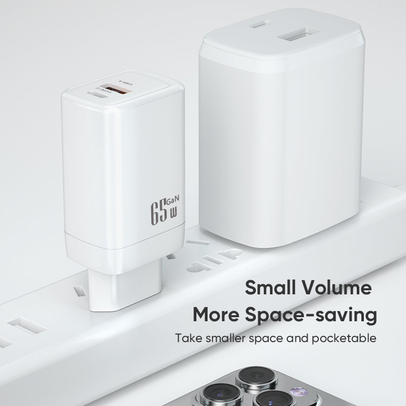 Dual‑Port 65W GaN Fast Charger | Type‑C PD + USB‑A QC Wall Charger | White