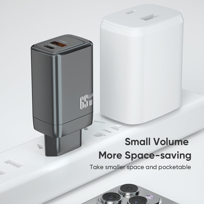 Dual‑Port 65W GaN Fast Charger | Type‑C PD + USB‑A QC Wall Charger | Black