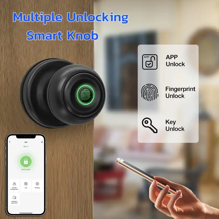 Smart Life Tuya Bluetooth Access Control Fingerprint Knob Door Handle Lock (Black)