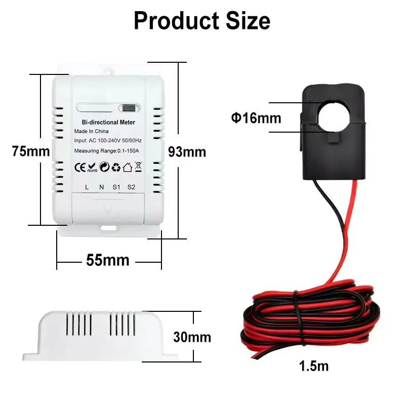 Smart Life Tuya Zigbee Solar PV Bidirectional 2 Way Energy Monitor Clamp 220V 150A Single phase