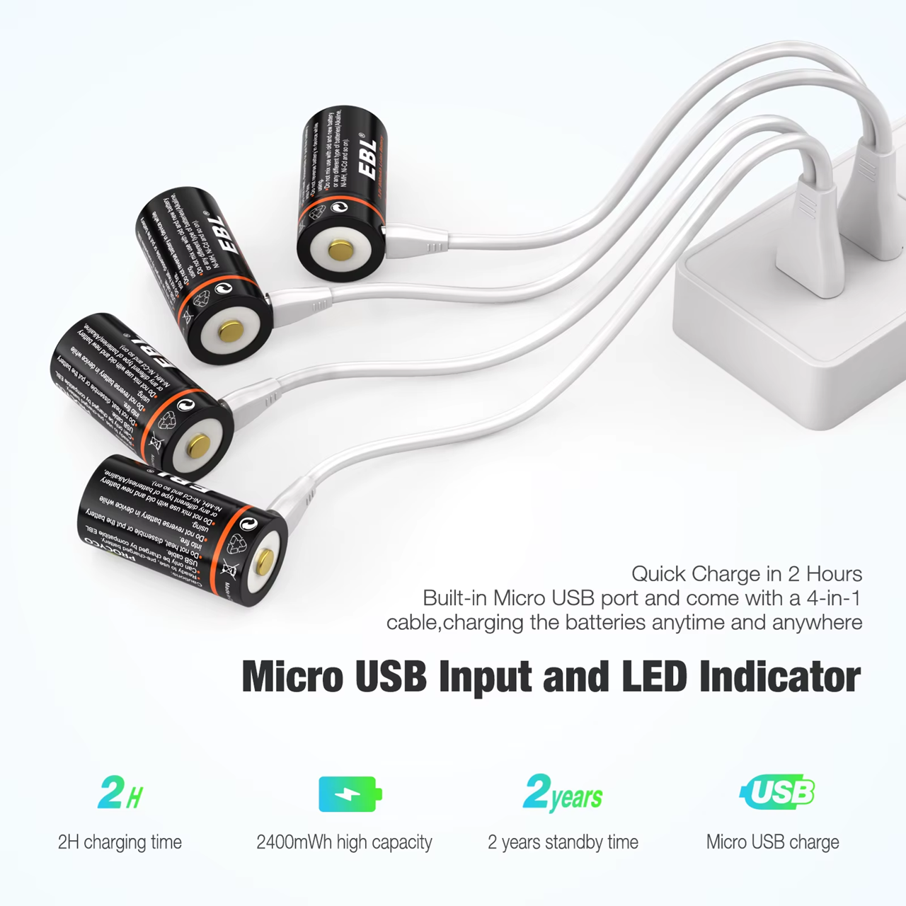 EBL CR123A Micro USB Rechargeable Lithium-ion Battery | 16340 | 3V | 800mAh | 4 Pack