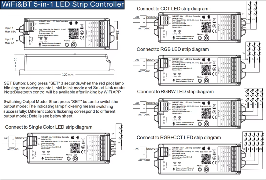 Smart Life Tuya WIFI LED Strip Light Controller | PWM Single Colour/CCT/RGB/RGBW/RGBCCT | DC12-24V