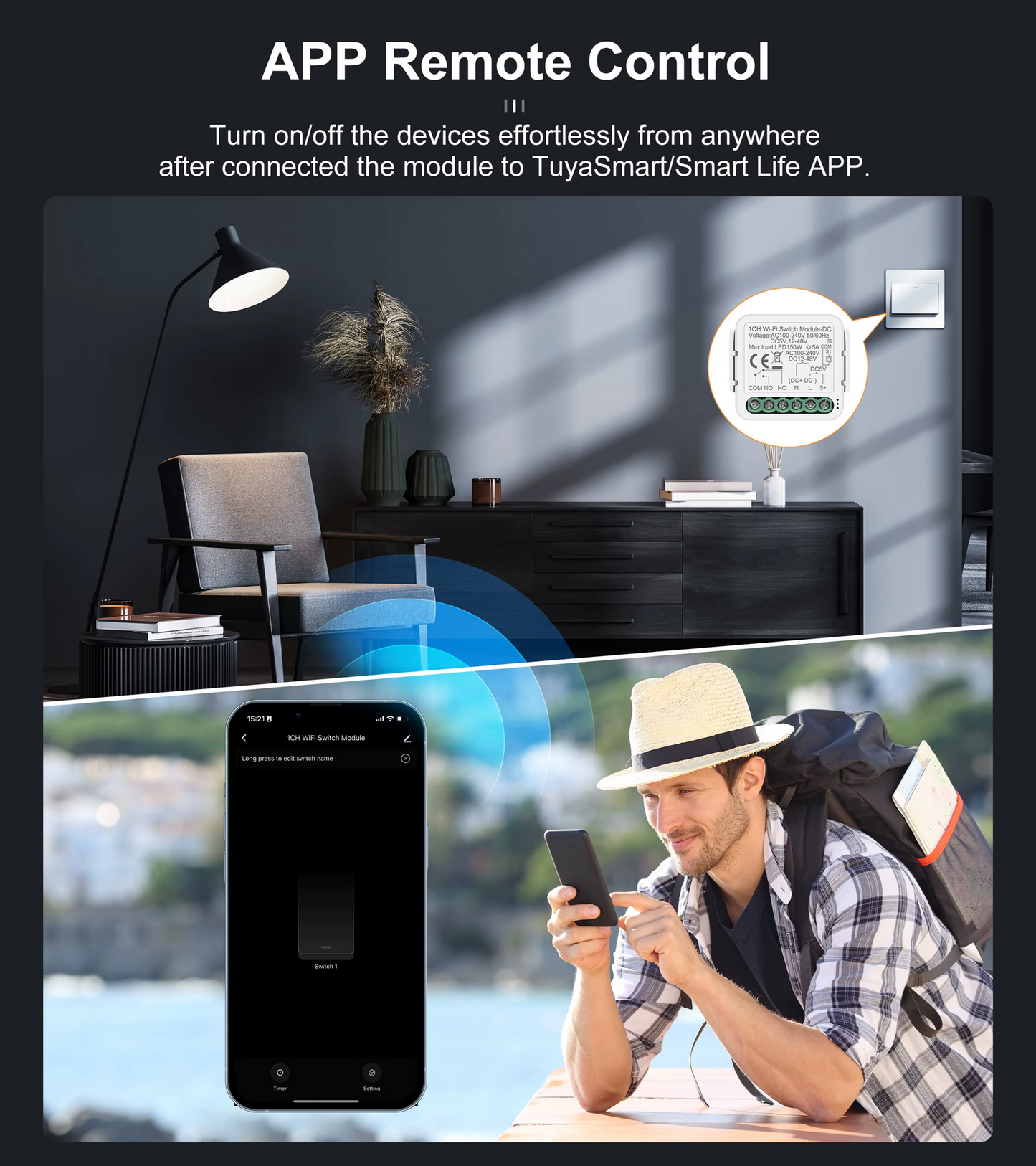 Smart Life Tuya WIFI 1CH 150W LED Light / 5A 1000W Appliance Neutral Mini AC/DC Switch | Dry Contact