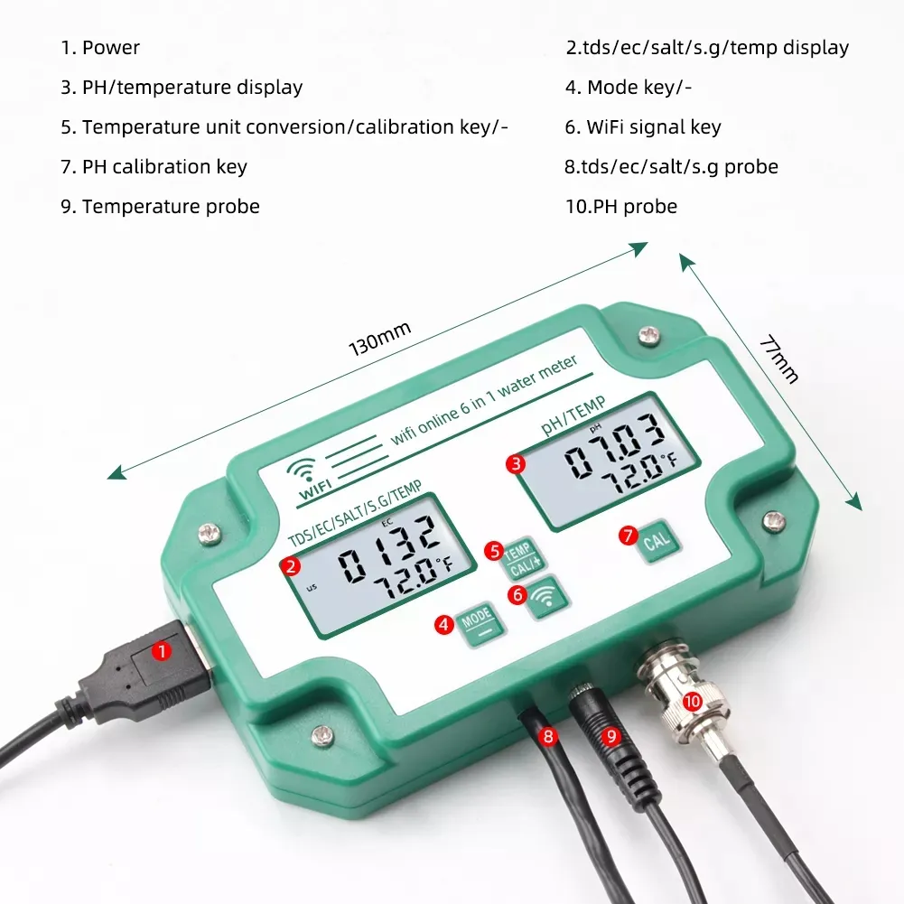 WIFI Control Smart Life Tuya Water Quality Detector 6 IN 1 TDS/EC/PH/Salinity /G.S/Temperature Tester PH Meter