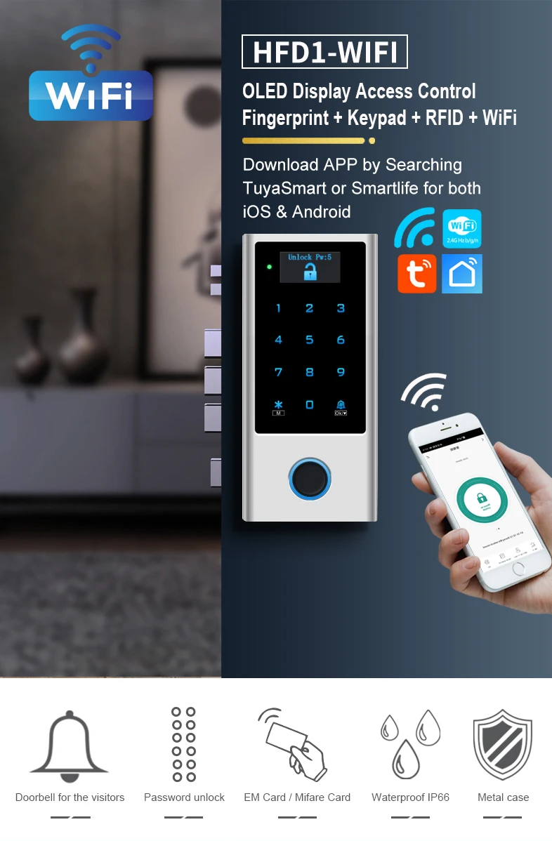 Smart Life Tuya WIFI Waterproof 12V Access Control Fingerprint Keypad Card Doorbell Gate Garage HFD1