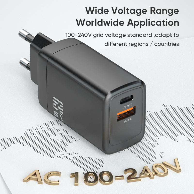 Dual‑Port 65W GaN Fast Charger | Type‑C PD + USB‑A QC Wall Charger | Black