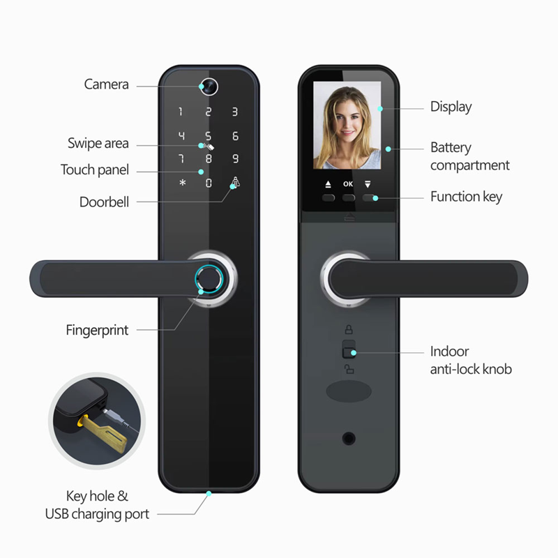 Smart Life Tuya WIFI Door Handle Fingerprint Keypad Card Doorbell Lock HR08P (Black)