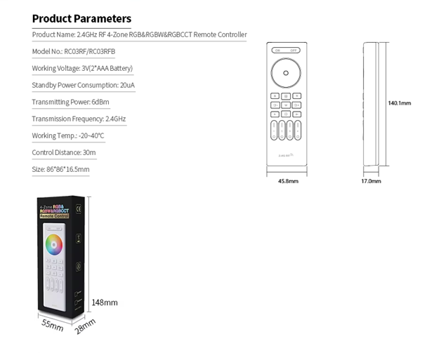 Wireless 2.4G RF Remote Controller | 4 Zones | RGB/ RGBW/ RGBCCT | Dimming | 3V | RC03RF | Black