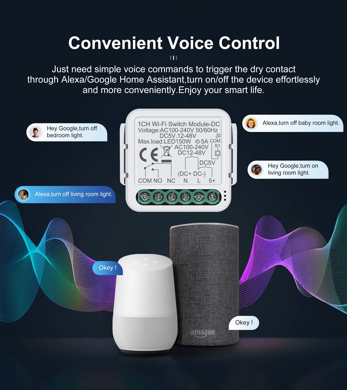 Smart Life Tuya WIFI 1CH 150W LED Light / 5A 1000W Appliance Neutral Mini AC/DC Switch | Dry Contact