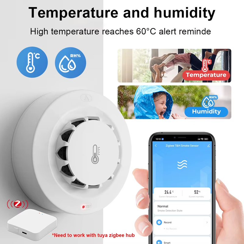 Smart Life Tuya Zigbee Smoke Temperature Humidity Detector Sensor w/ 80db Alarm Sound Speaker | 3V