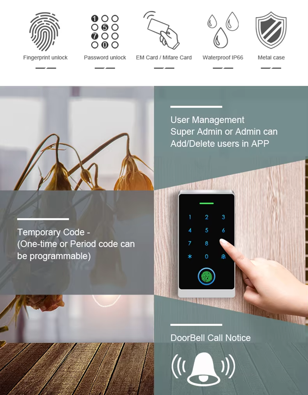 Smart Life Tuya WIFI Access Control 12V Fingerprint Keypad Card Doorbell | IP66 | DLHF8