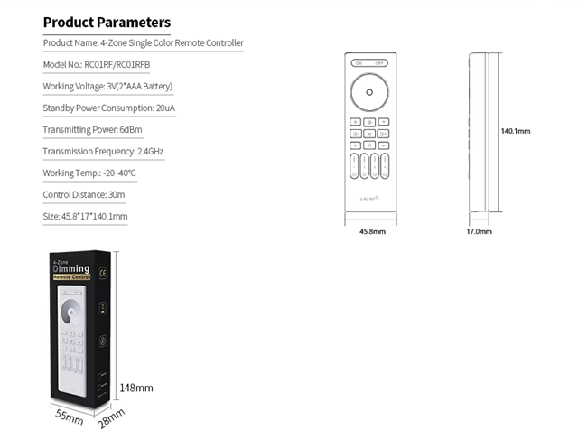 Wireless 2.4G RF Remote Controller | 4 Zones | Single Colour | Dimming | 3V | RC01RF | Black