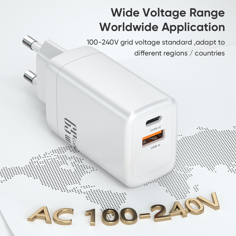 Dual‑Port 65W GaN Fast Charger | Type‑C PD + USB‑A QC Wall Charger | White