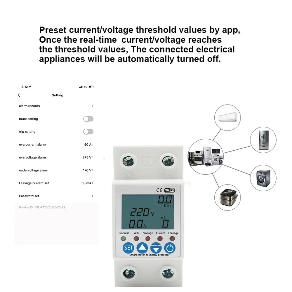 Smart Life Tuya WIFI 63A 240V Switch with Power Consumption Energy Monitoring Prepaid Meter