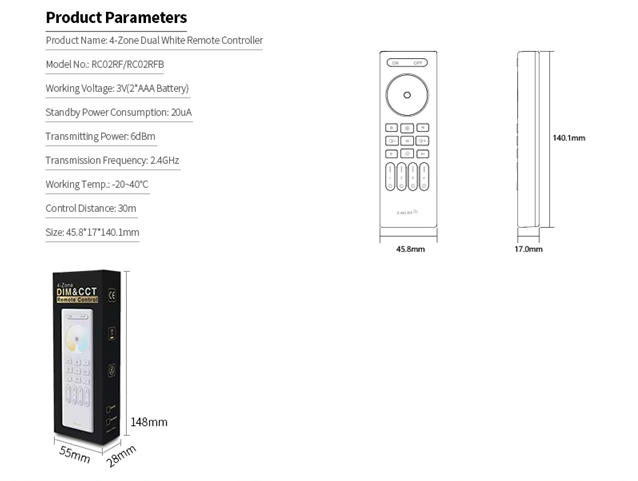 Wireless 2.4G RF Remote Controller | 4 Zones | CCT | Dimming | 3V | RC02RF | White