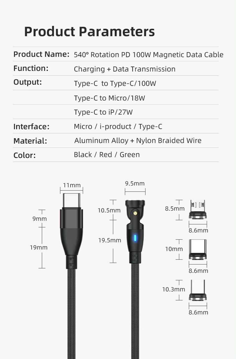 6 in 1 Magnetic Rotatable Cable Data Fast Charging PD100W 1.8m Micro, USB C, IOS Nylon Braided Black