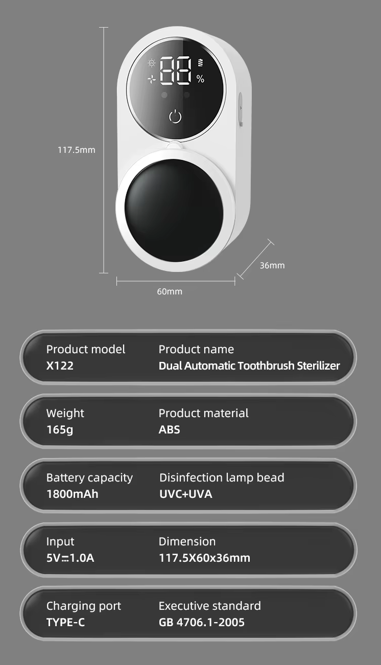 Toothbrush UVA UVC Sterilizer & Holder | 5V Rechargeable | Wall Mounted / Portable | 2 Slot