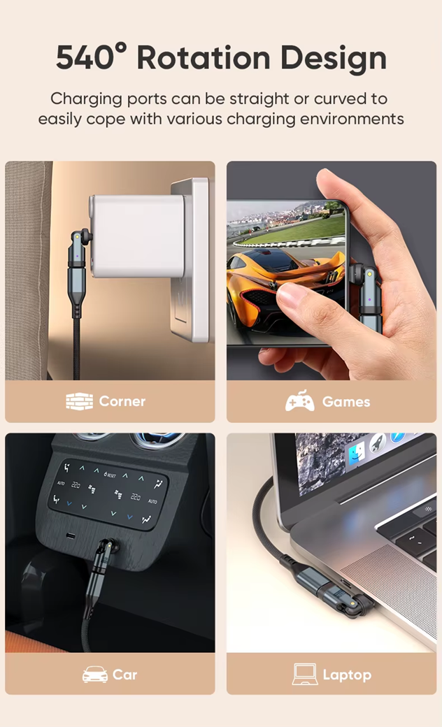 USB C to USB C Adaptor | 240W 48V 5A | Data Transfer Fast Charging | 360° 180° Rotatable | Black