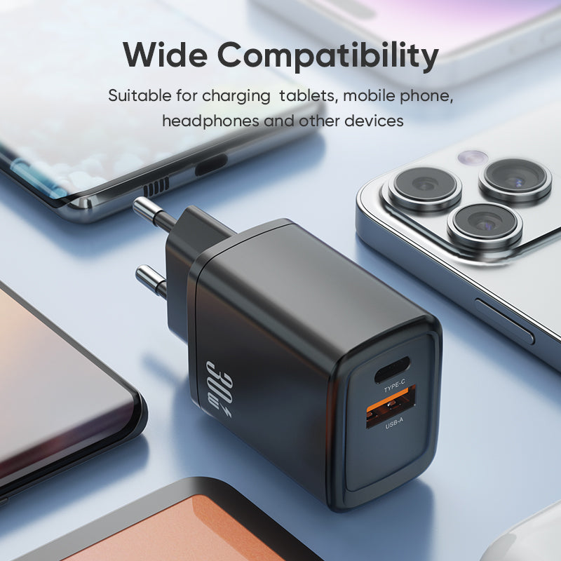 Dual‑Port 30W Fast Charger | Type‑C PD + USB‑A QC Wall Charger | Black