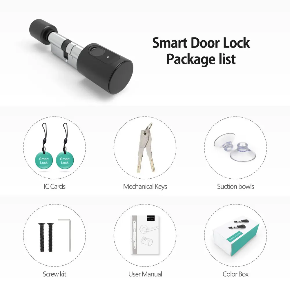 Smart Life Tuya Bluetooth Access Control Fingerprint Card Smart Key Cylinder Door Lock (Silver)