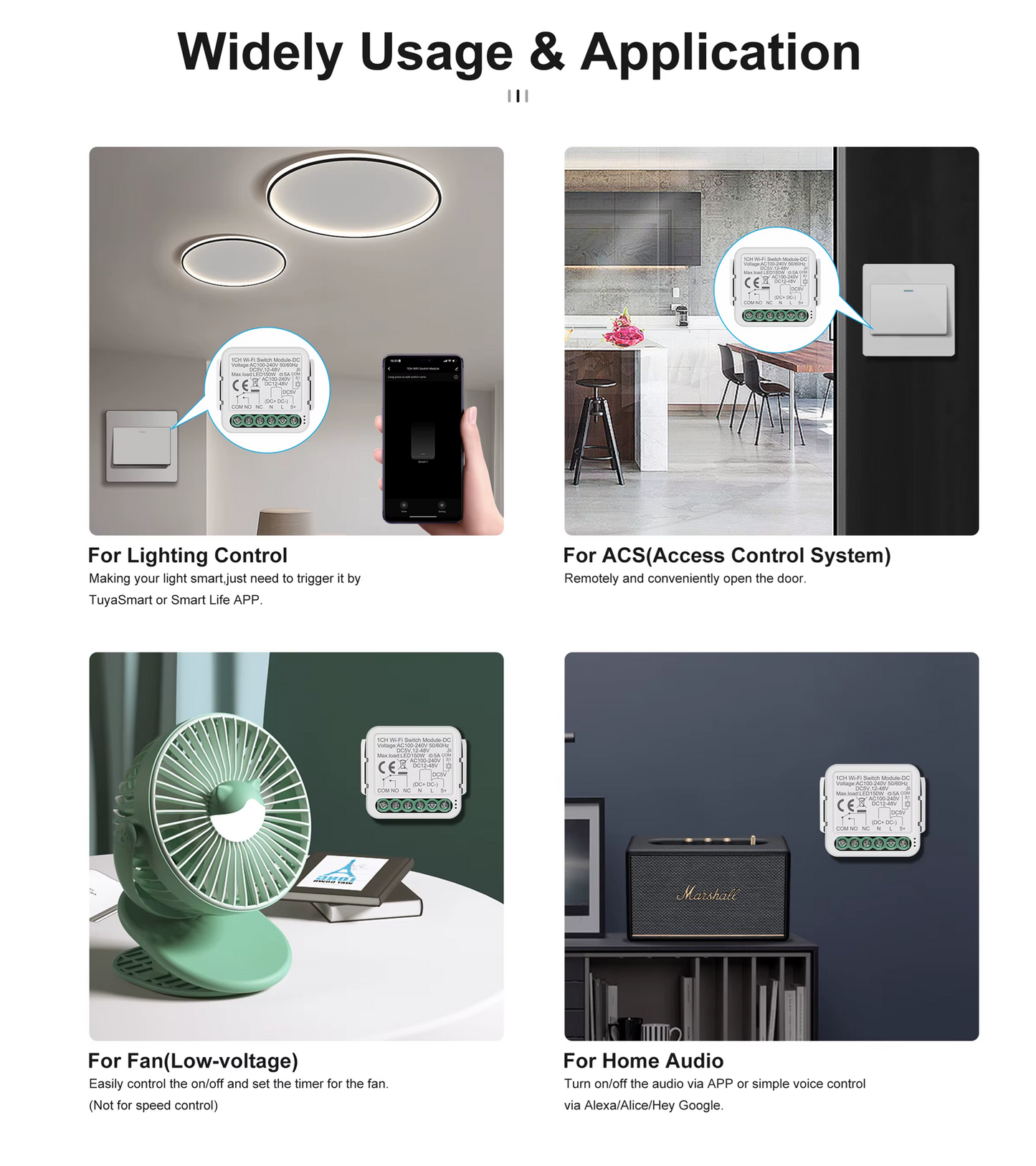 Smart Life Tuya WIFI 1CH 150W LED Light / 5A 1000W Appliance Neutral Mini AC/DC Switch | Dry Contact