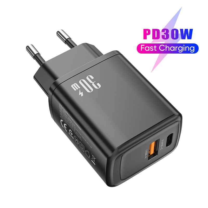 Dual‑Port 30W Fast Charger | Type‑C PD + USB‑A QC Wall Charger | Black