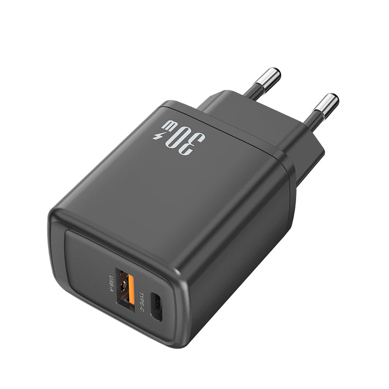 Dual‑Port 30W Fast Charger | Type‑C PD + USB‑A QC Wall Charger | Black