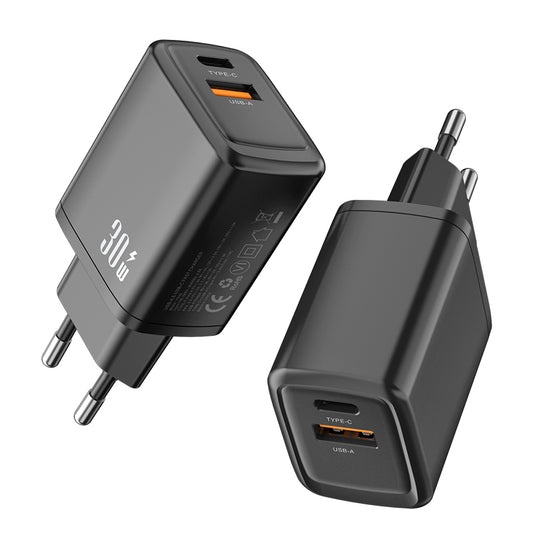 Dual‑Port 30W Fast Charger | Type‑C PD + USB‑A QC Wall Charger | Black
