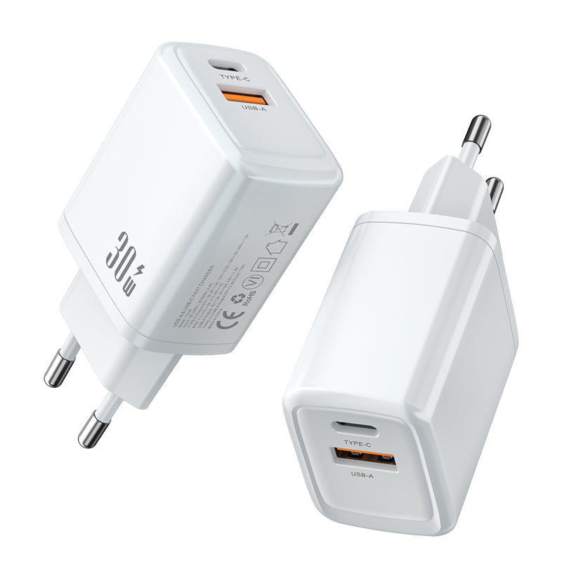 Dual‑Port 30W Fast Charger | Type‑C PD + USB‑A QC Wall Charger | White