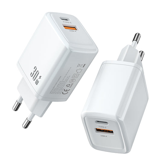 Dual‑Port 30W Fast Charger | Type‑C PD + USB‑A QC Wall Charger | White