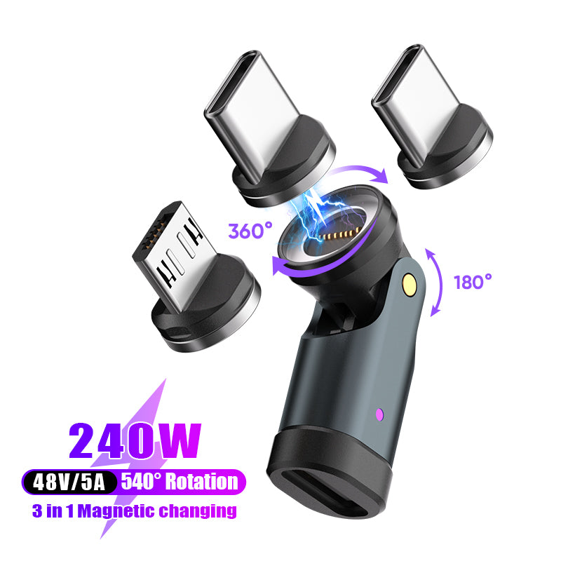 USB C to Magnetic Adaptor | 240W 48V 5A | Data Transfer Fast Charging | 360° 180° Rotatable | Black