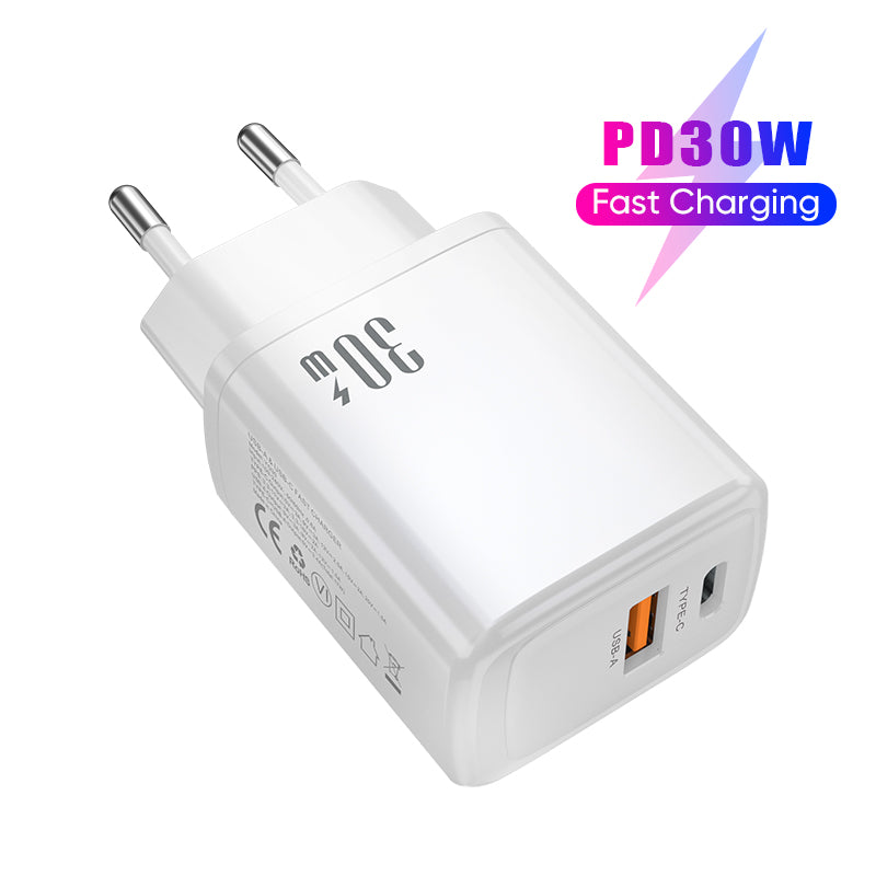 Dual‑Port 30W Fast Charger | Type‑C PD + USB‑A QC Wall Charger | White