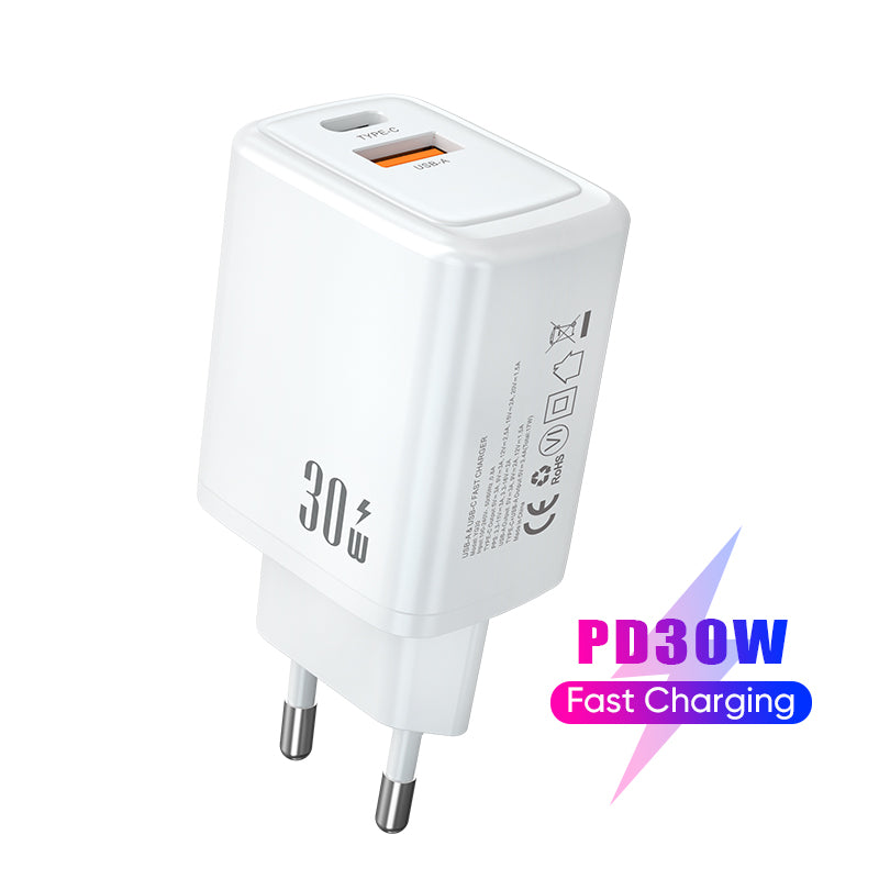 Dual‑Port 30W Fast Charger | Type‑C PD + USB‑A QC Wall Charger | White